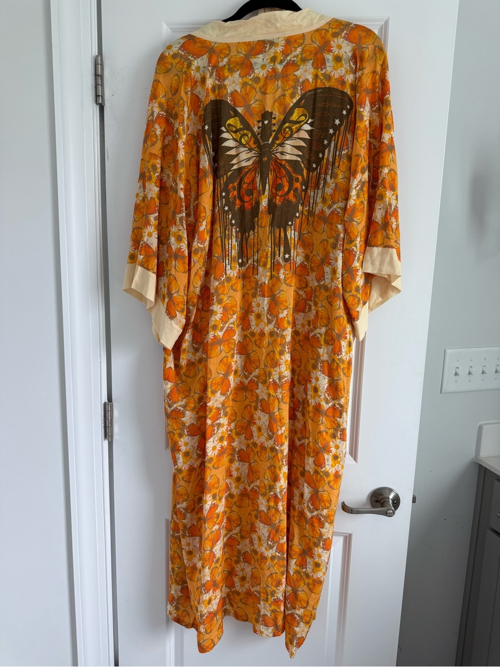 New Henelle Lauren Canyon Bohemian Orange Yellow Floral Butterfly Robe One Size - Picture 5 of 11